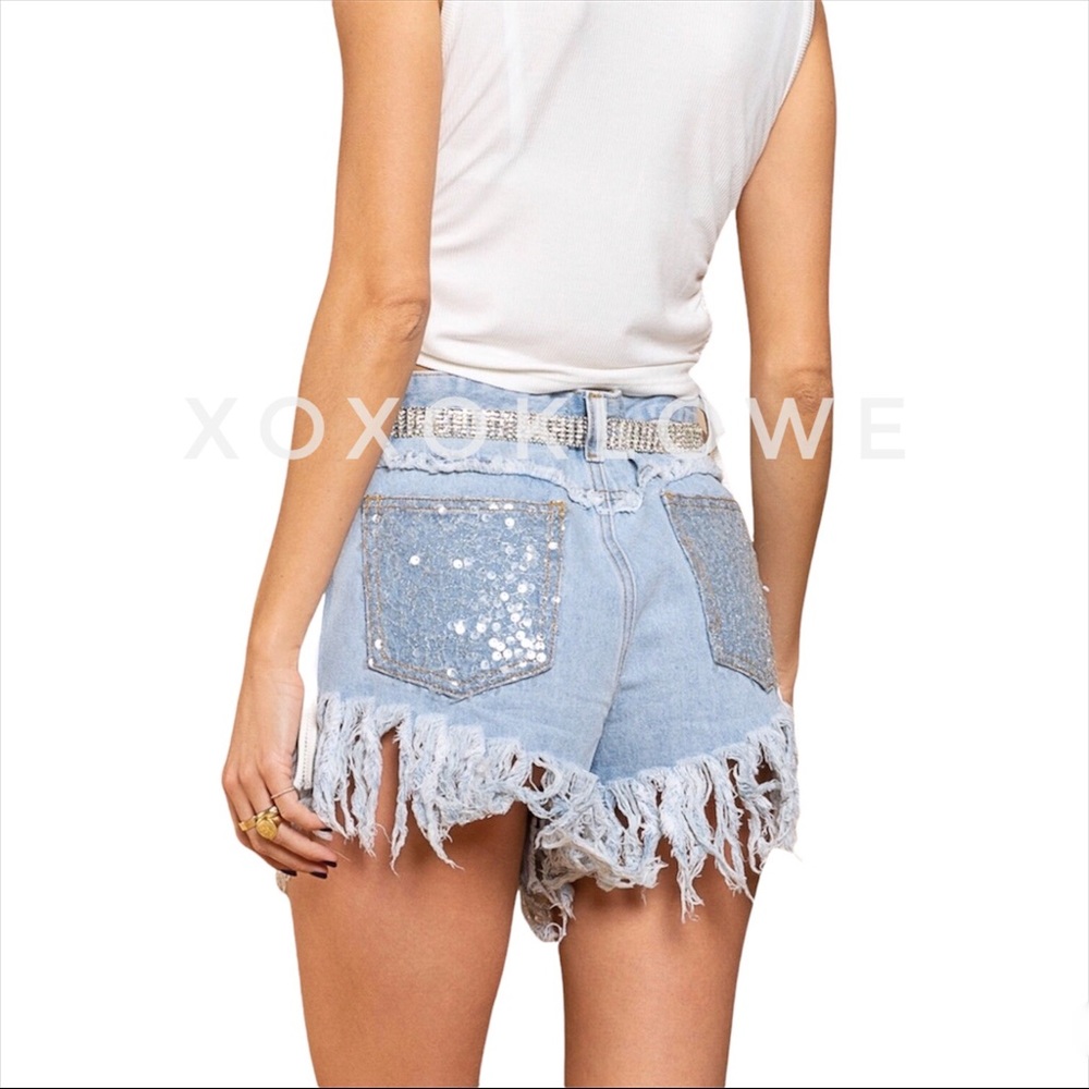 Bling Bling Sequin Denim Fringe Shorts - Picture 5 of 15